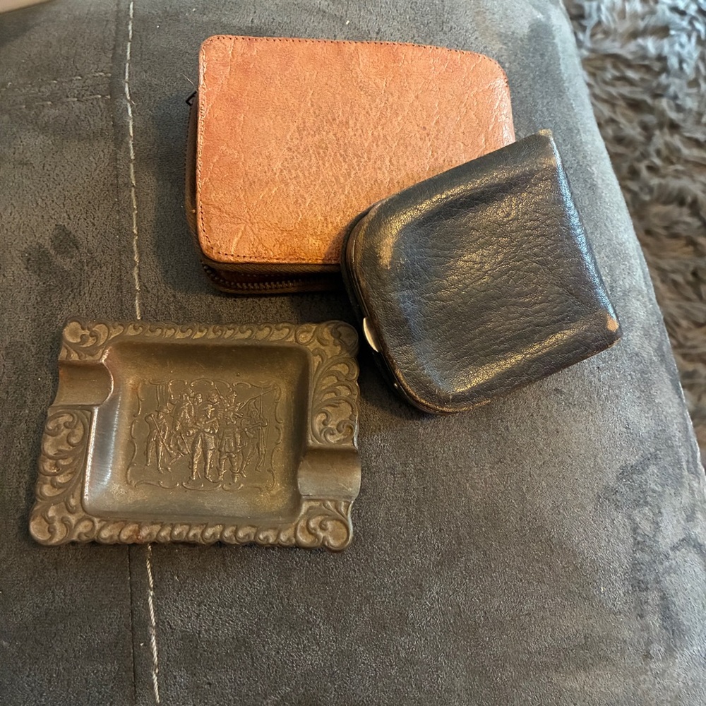 Leather Antique Wallet Set - One Black Coin Purse and One Brown Wallet